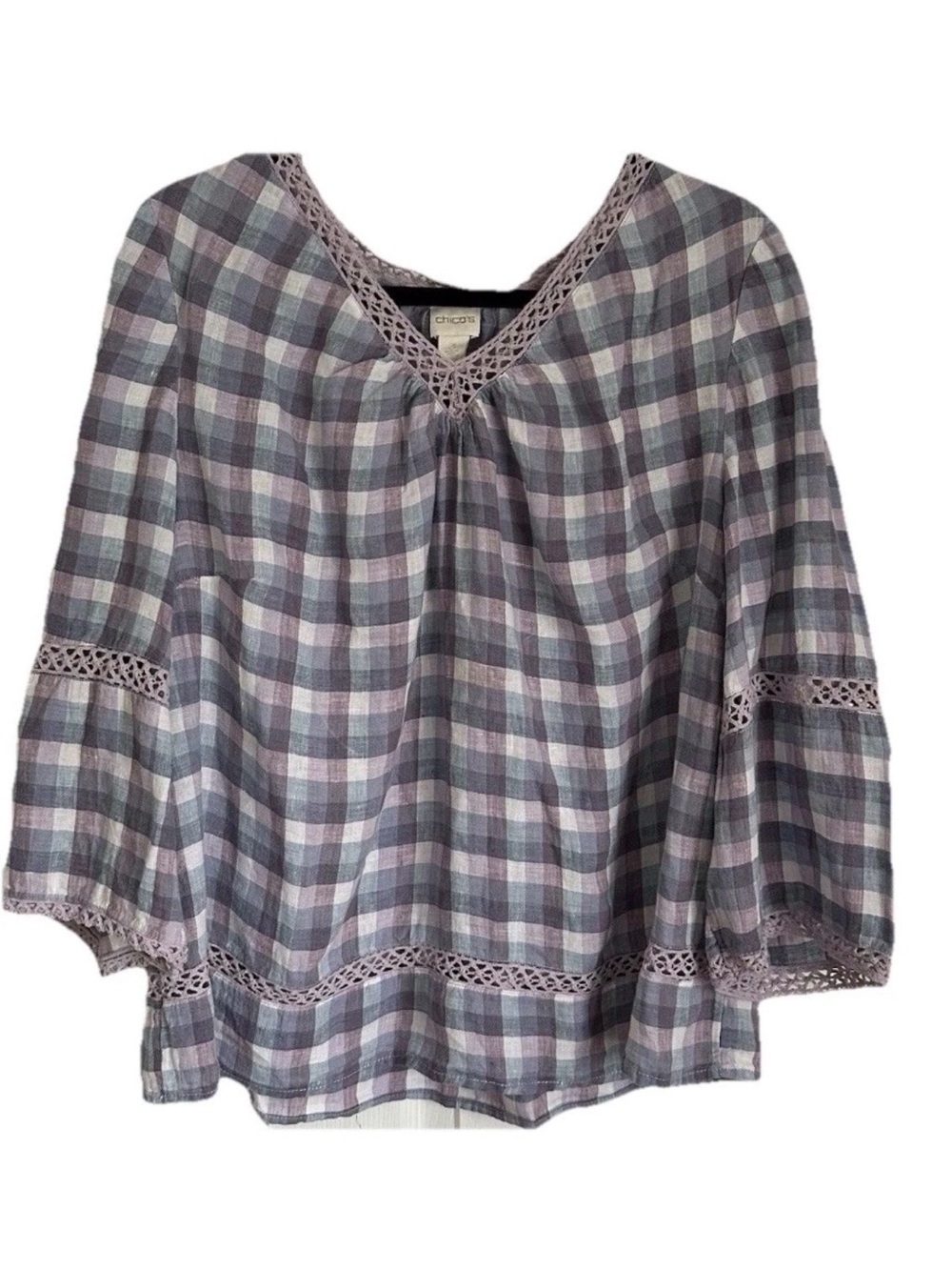 Chico’s Size 3 Crochet-Detail Gingham Linen Popover Top Purple Boho Peasant - Picture 2 of 13